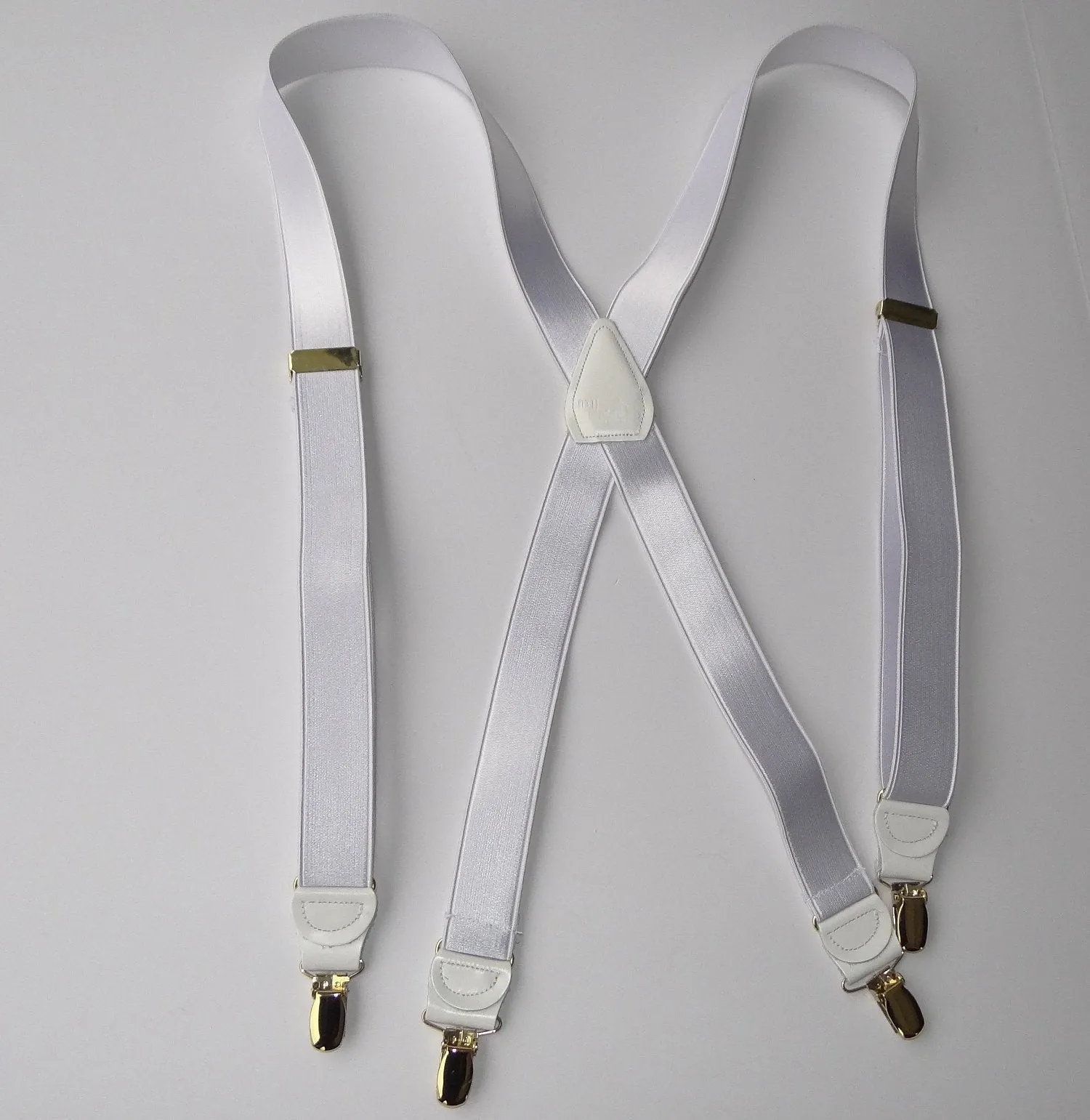 Hold-Ups X-back 1" wide Formal Satin Finish White Suspenders with USA Patented No-slip Silver Clips