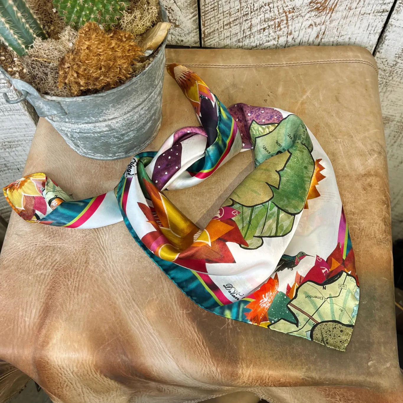 Hummingbird & Cactus Blooms~ Shorty Silk Wild Rag