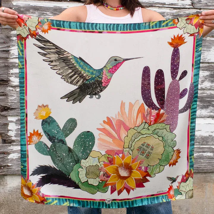 Hummingbird & Cactus Blooms~ Shorty Silk Wild Rag