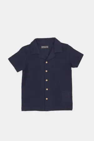 Infant Boys Navy Solid Linen Short Sleeve Shirt