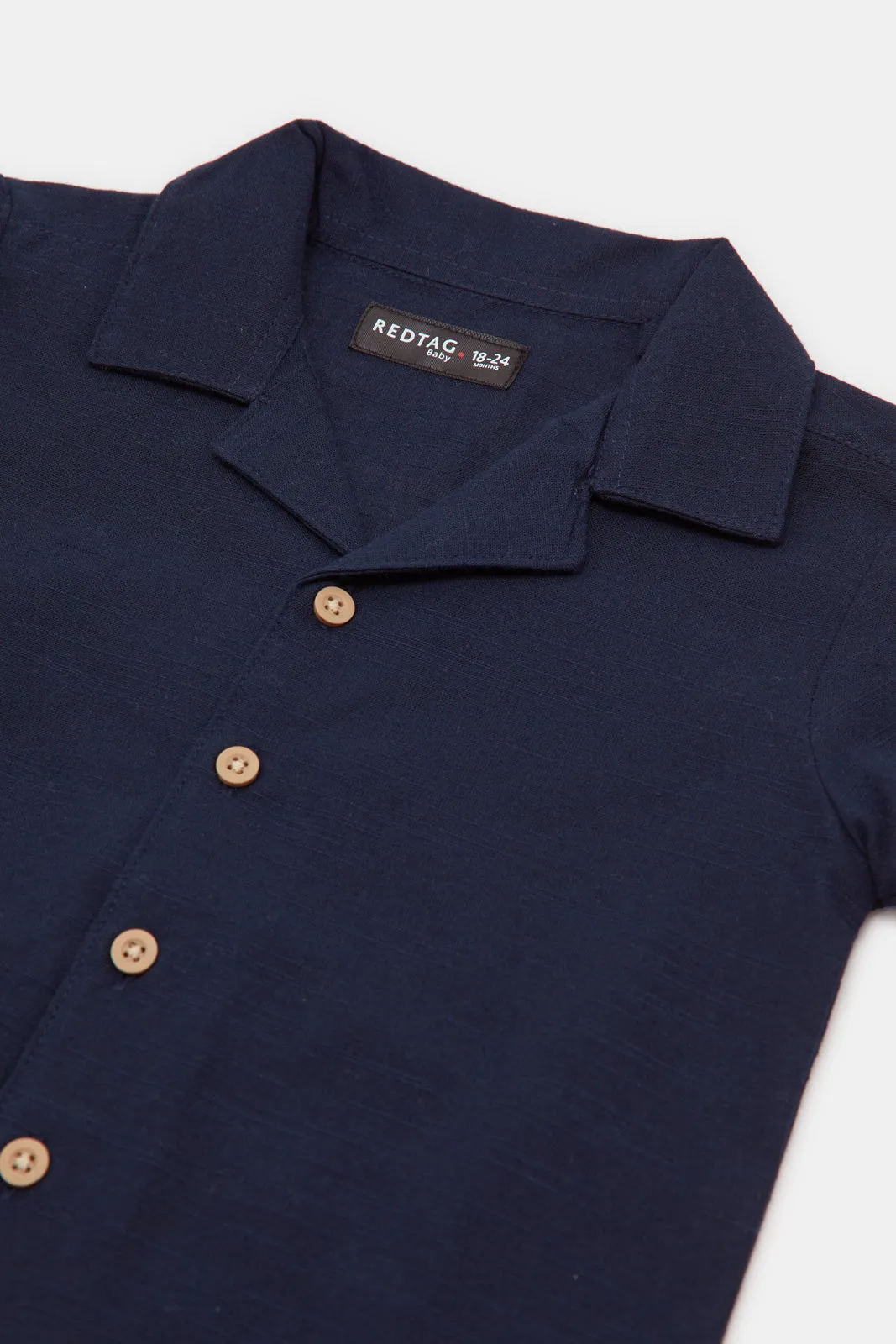 Infant Boys Navy Solid Linen Short Sleeve Shirt