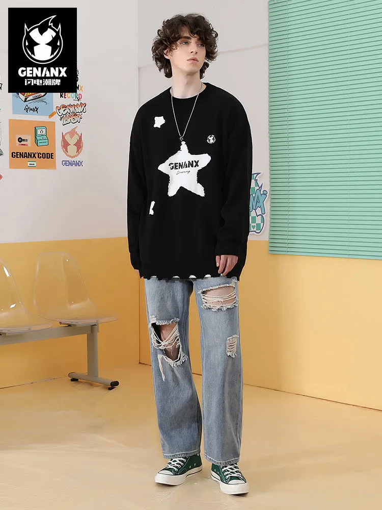 Irregular hemline pentagram letter-printed wiring shoulder-drop sweater