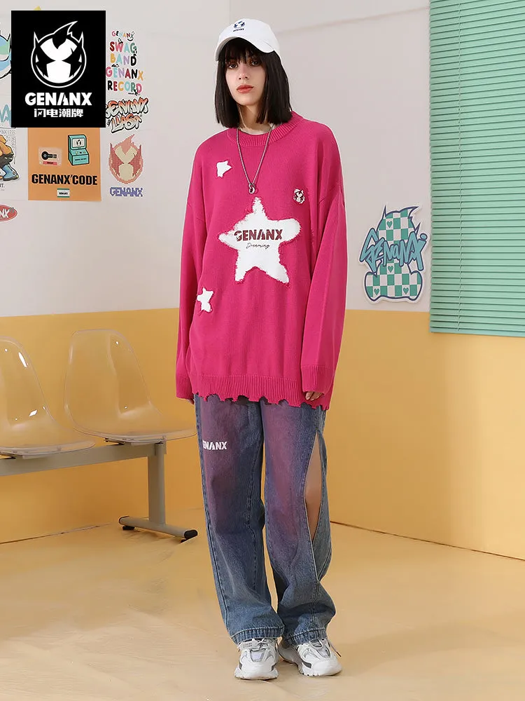 Irregular hemline pentagram letter-printed wiring shoulder-drop sweater