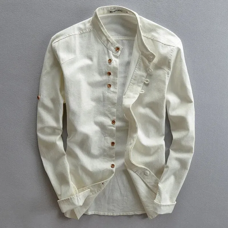 Japanese-Inspired Effortlessly Stylish Slim Fit Stand Collar Cotton Linen Shirt for Men