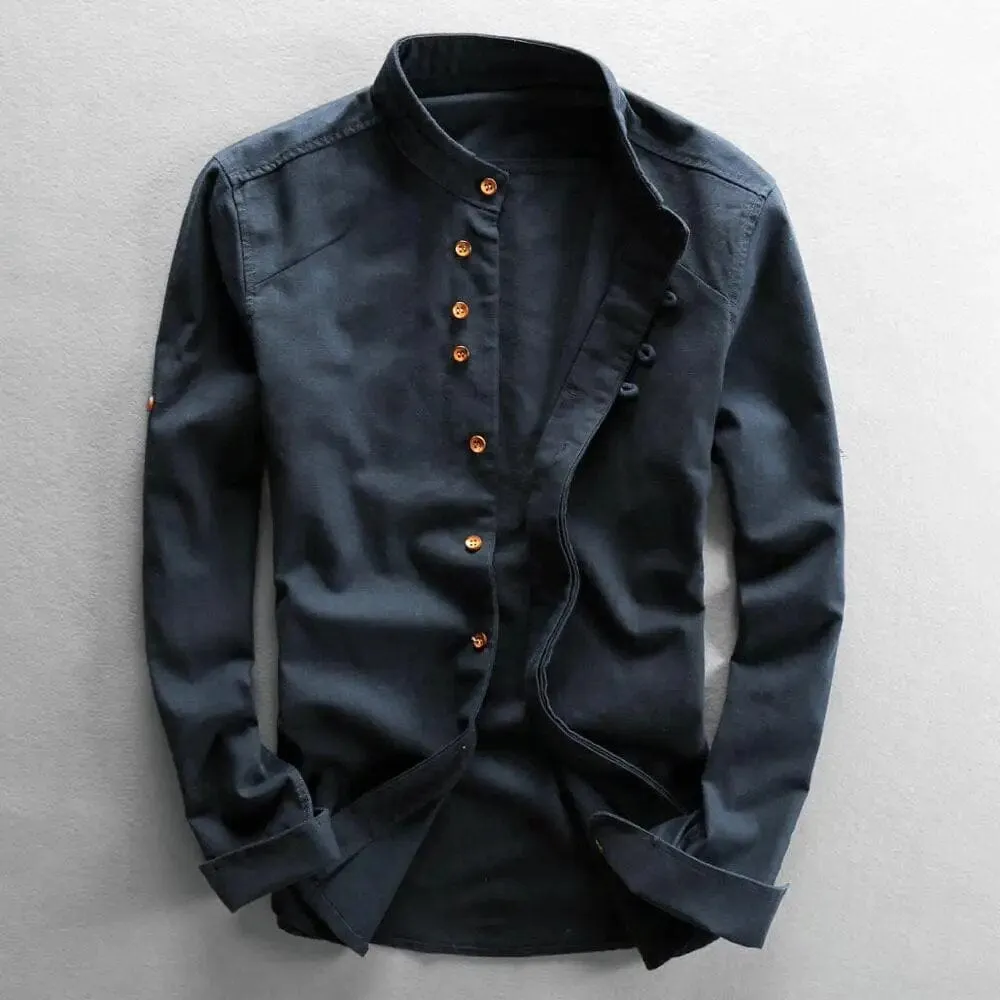 Japanese-Inspired Effortlessly Stylish Slim Fit Stand Collar Cotton Linen Shirt for Men