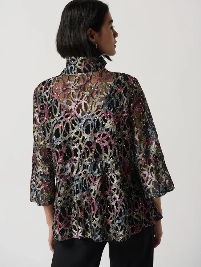 Joseph Ribkoff Abstract Print Lace Mesh Trapeze Jacket 234106 Col 3759