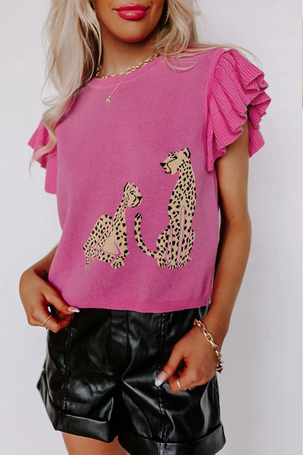 Leopard Knit Ruffle Sleeve Sweater