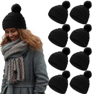 Liitrsh 9 Pcs Women Winter Knitted Beanie Hat with Pompom Bulk Winter Hats