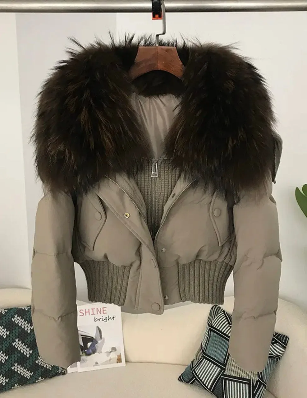 Luxe Warmth: Short women's duck down jacket with Natural fur - Stylish Winter Comfort