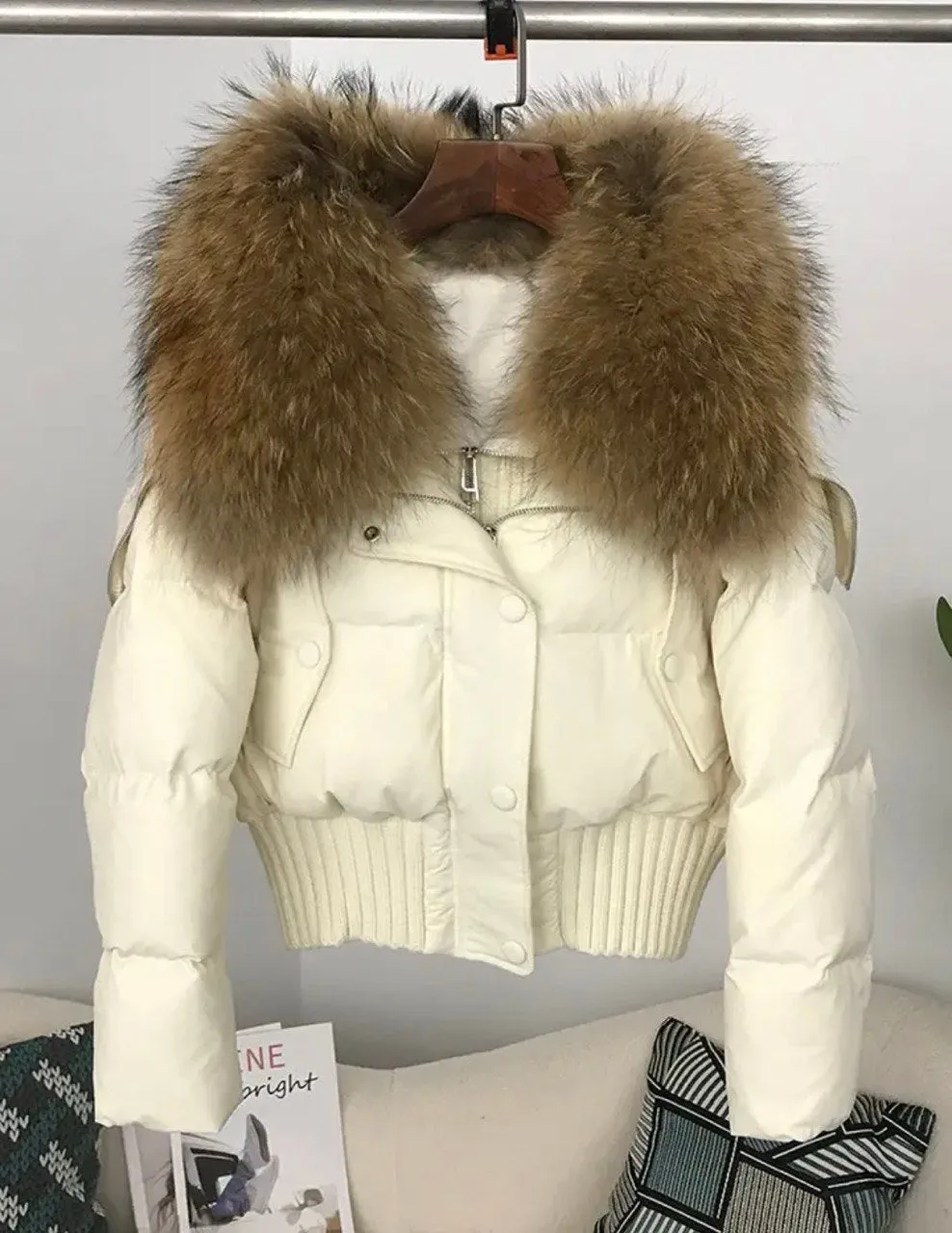 Luxe Warmth: Short women's duck down jacket with Natural fur - Stylish Winter Comfort