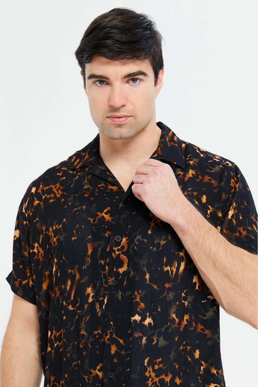 Men Black Dawn Print Crepe Shirt