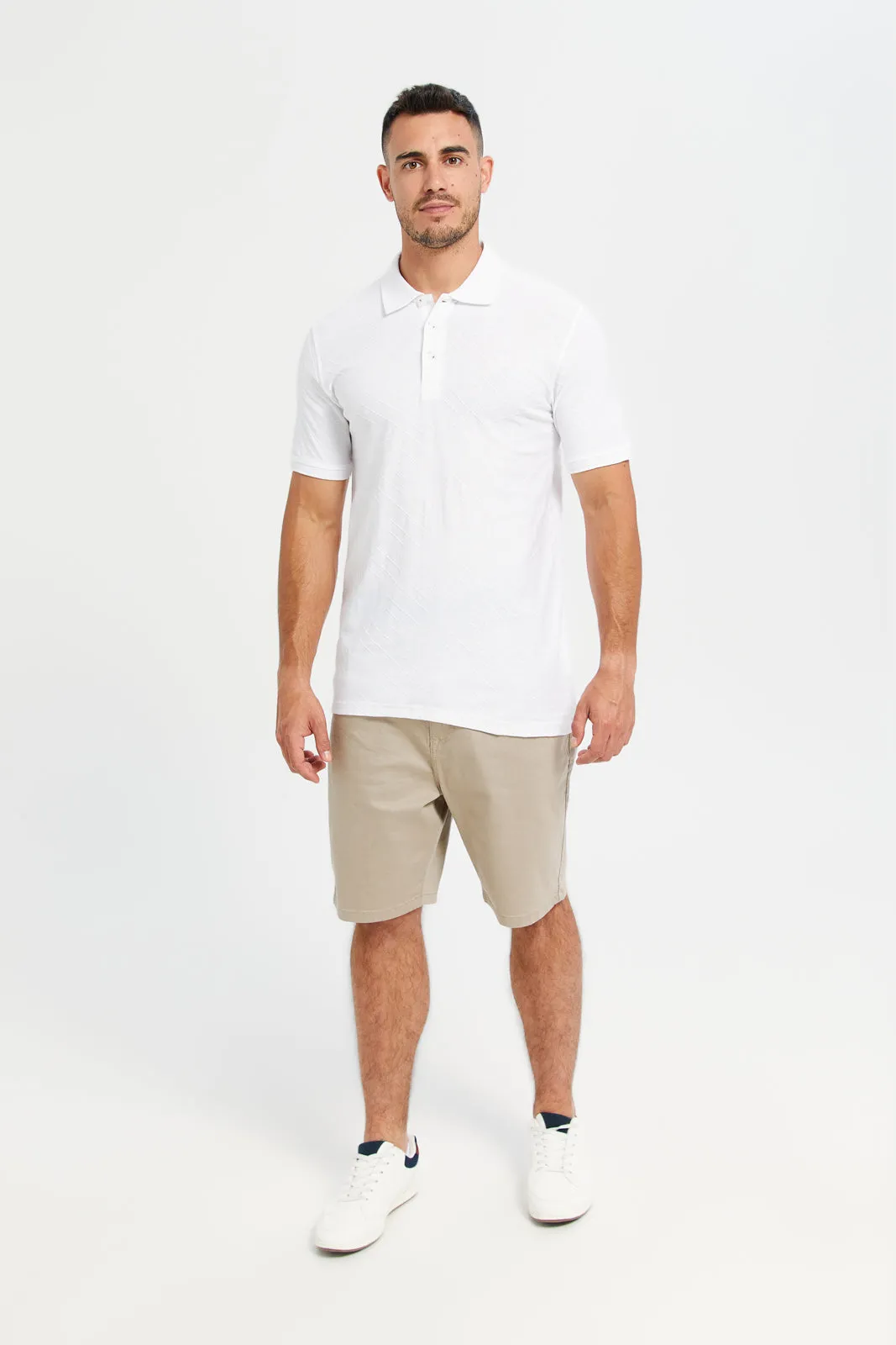 Men White Jacquard Polo T-Shirt