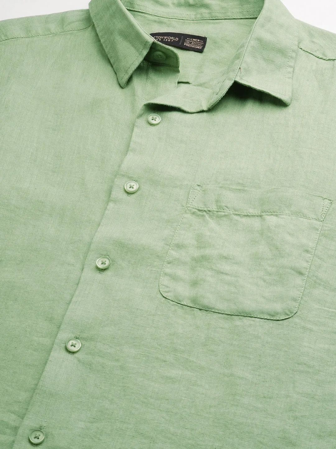 Men's 100% Linen Green Regular Fit Long Sleeved Shirt