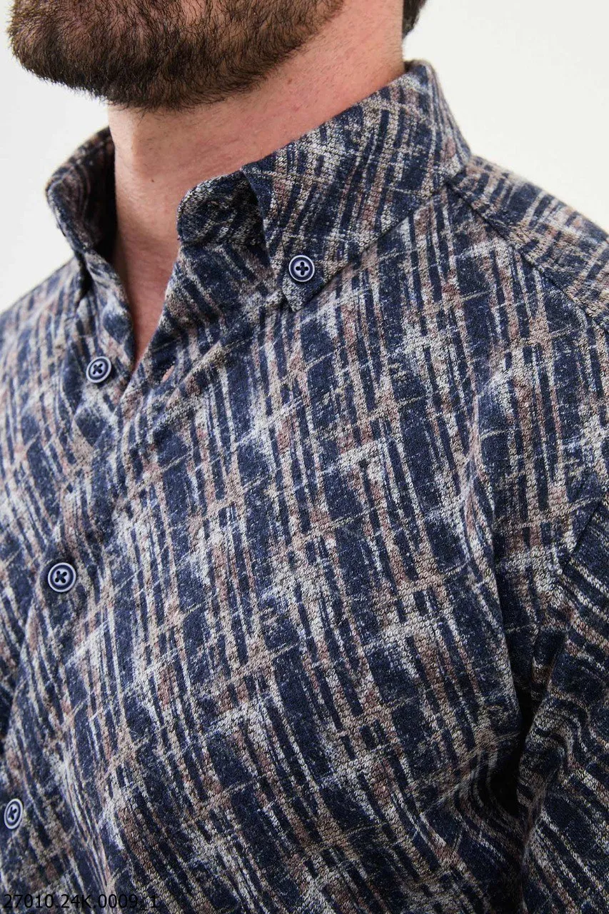 Men's Navy Blue Textured Pattern Long Sleeve Shirt.