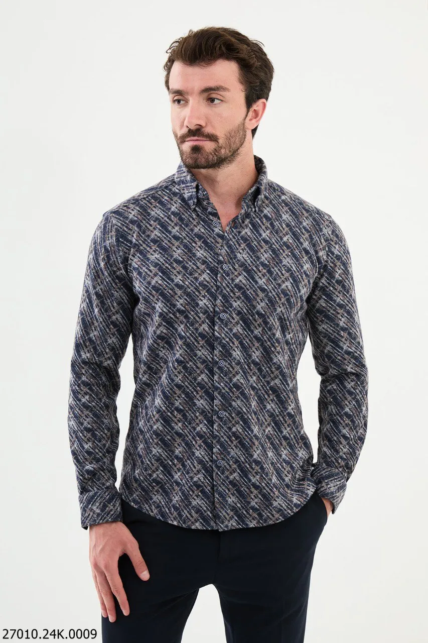 Men's Navy Blue Textured Pattern Long Sleeve Shirt.