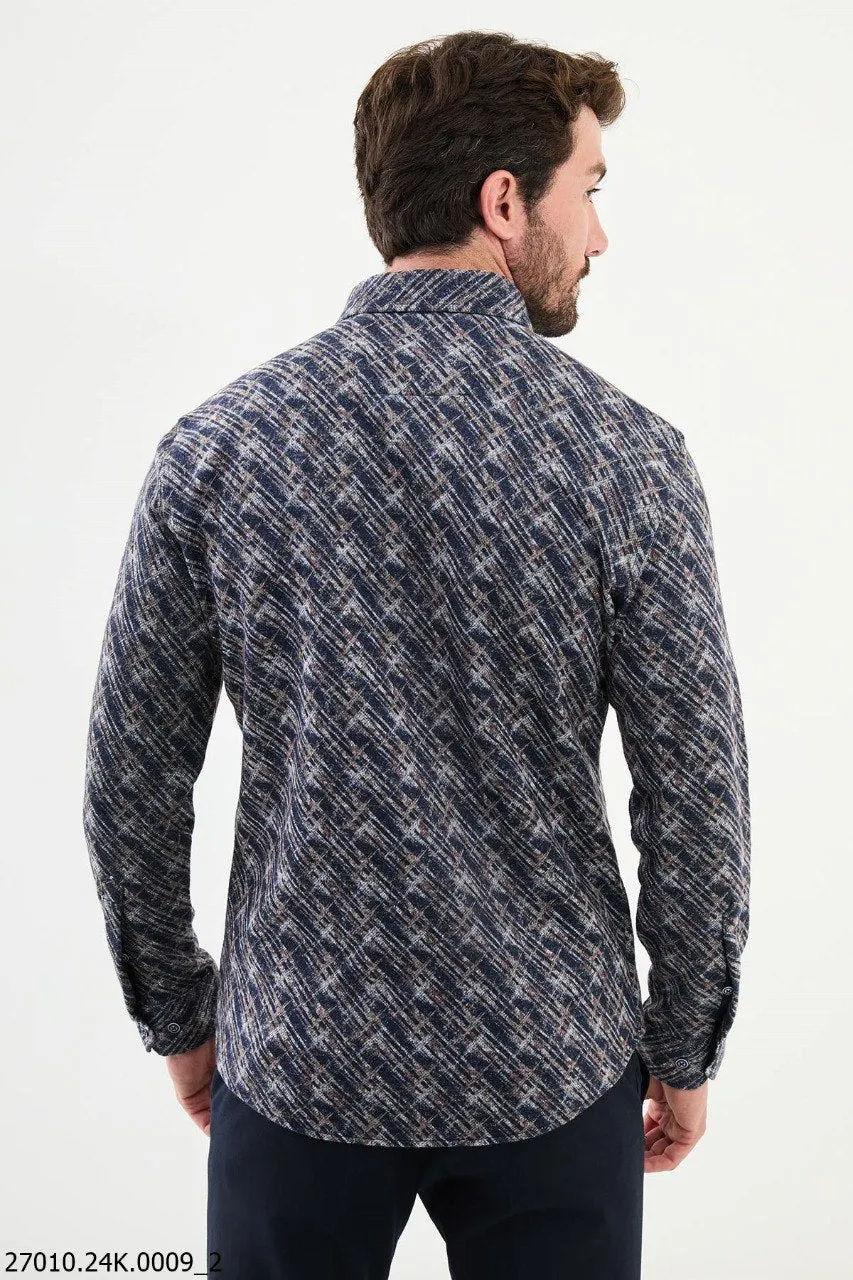 Men's Navy Blue Textured Pattern Long Sleeve Shirt.