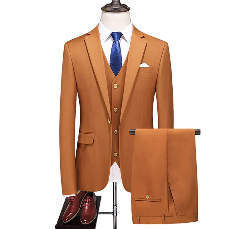 Men's Three-Piece Solid Color Suit for Evening Events, Banquets, or Weddings.