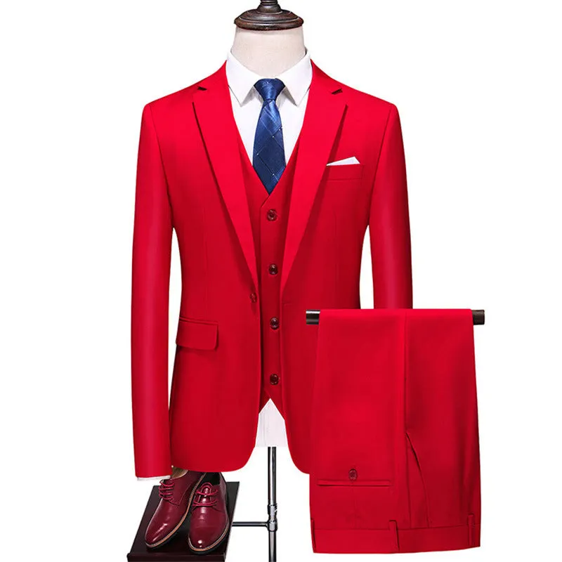 Men's Three-Piece Solid Color Suit for Evening Events, Banquets, or Weddings.