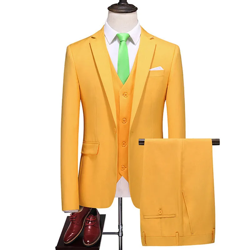 Men's Three-Piece Solid Color Suit for Evening Events, Banquets, or Weddings.