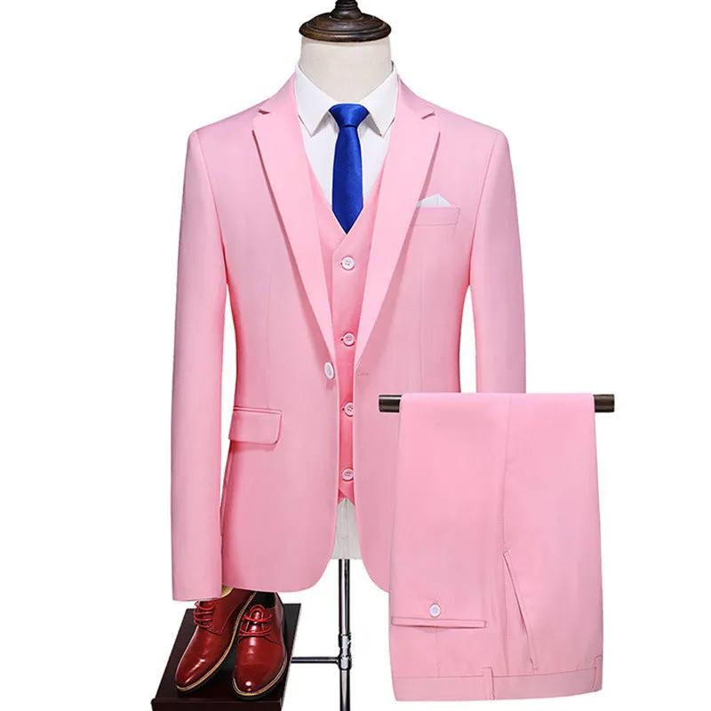 Men's Three-Piece Solid Color Suit for Evening Events, Banquets, or Weddings.