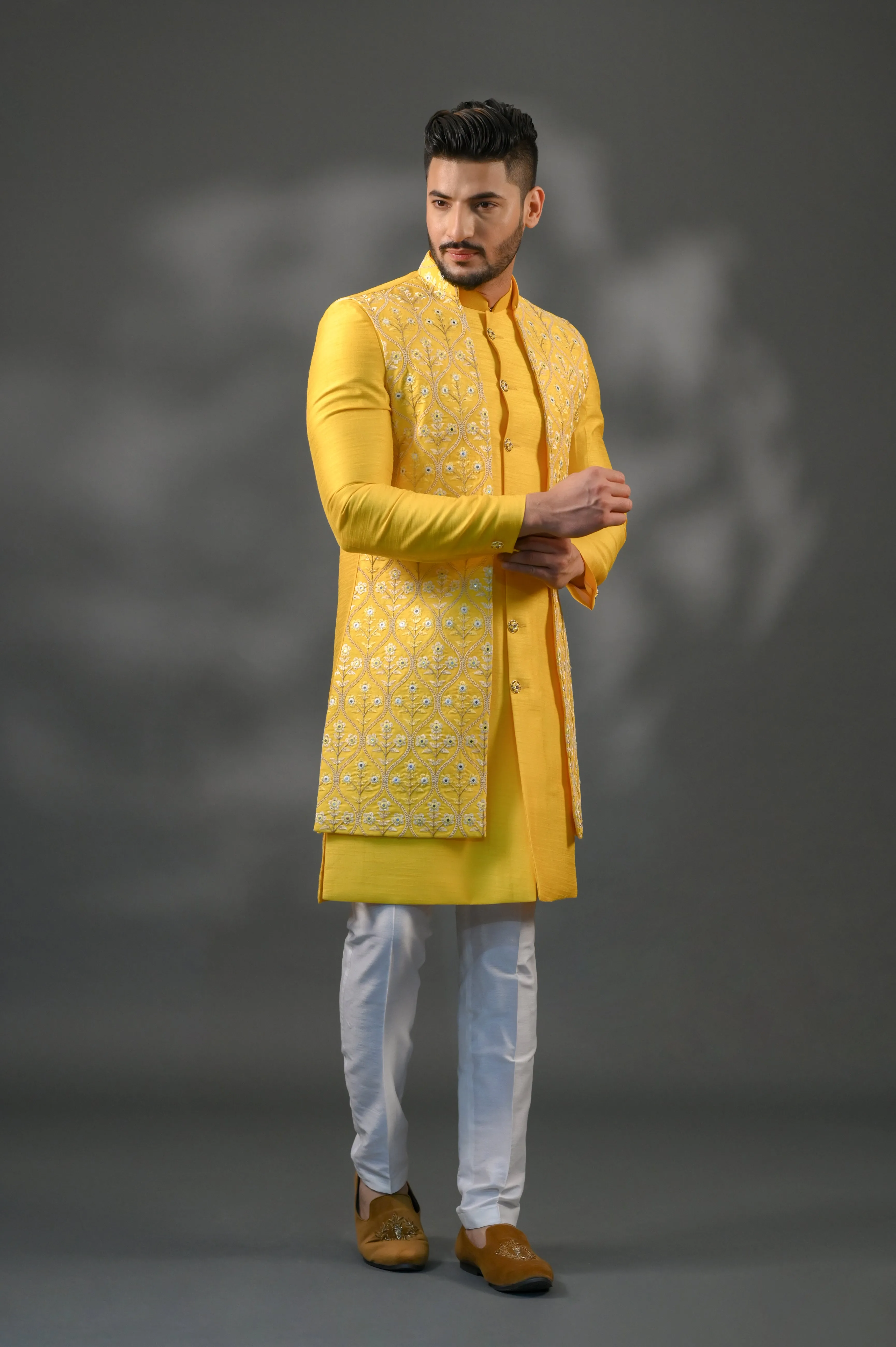 Mustard Chanderi Silk Jacket Set WIth Mirror Embroidery & Resham Work