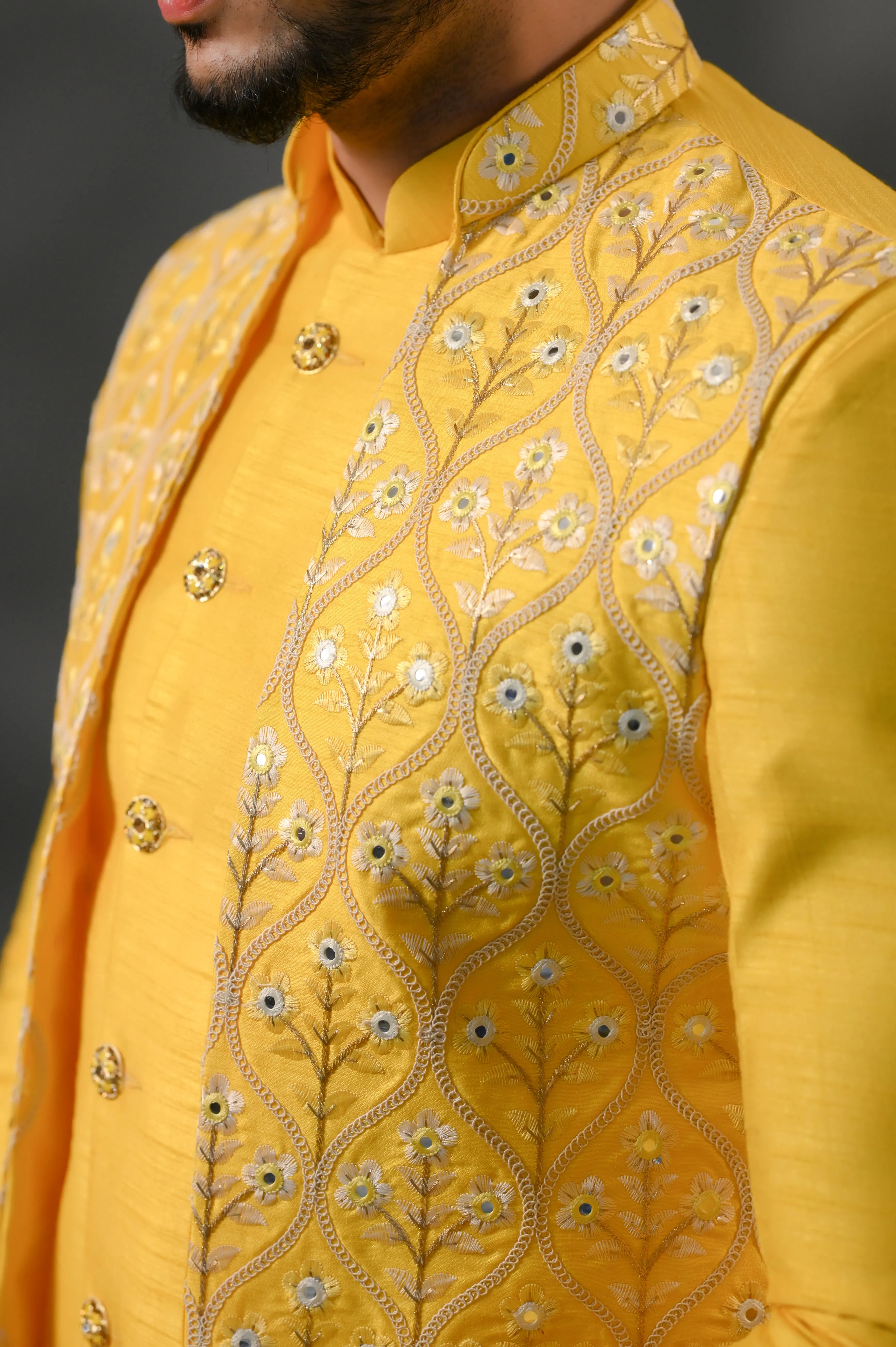 Mustard Chanderi Silk Jacket Set WIth Mirror Embroidery & Resham Work