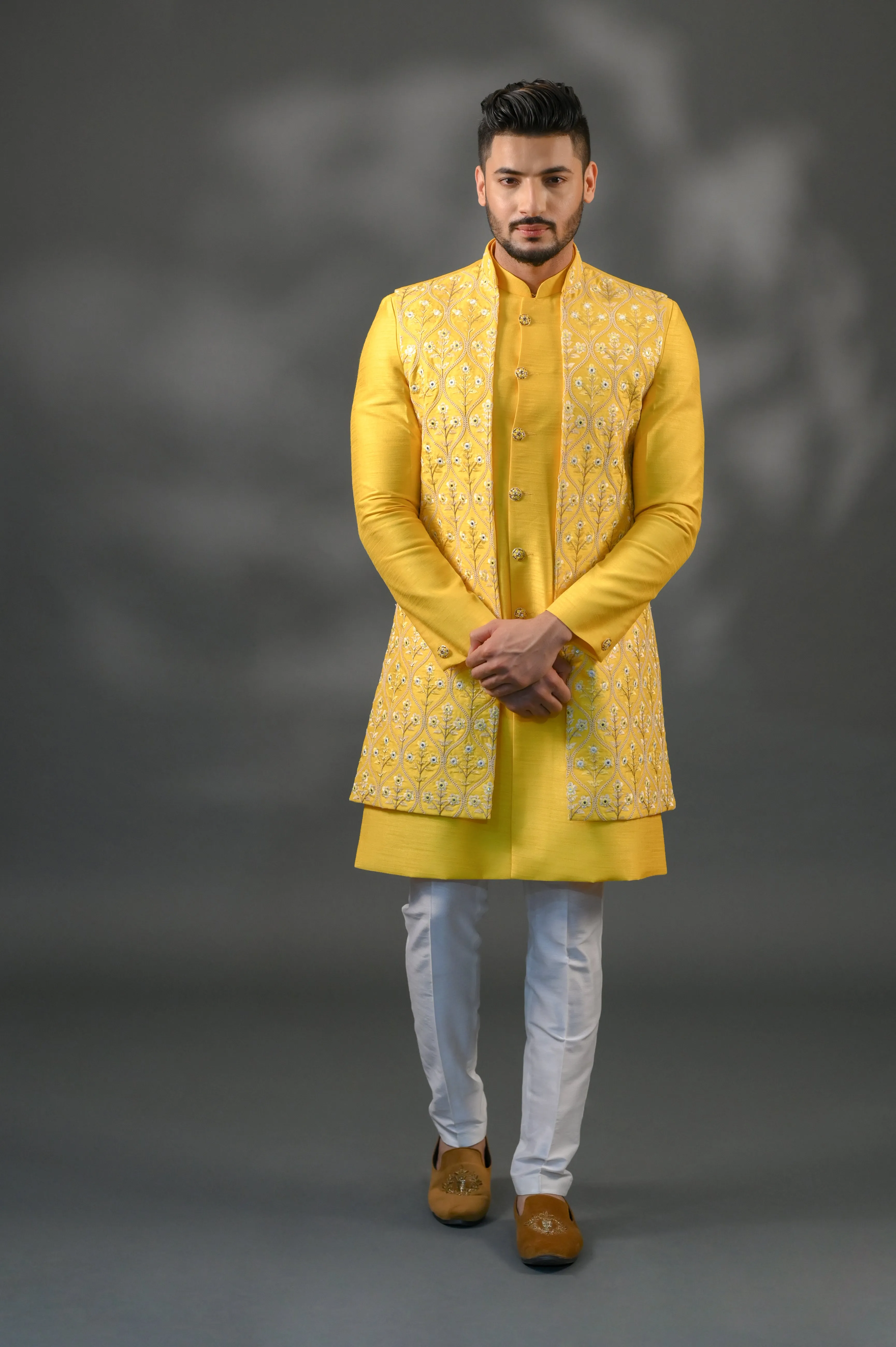 Mustard Chanderi Silk Jacket Set WIth Mirror Embroidery & Resham Work