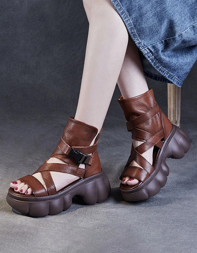 Open Toe Comfortable Leather Straps Platform Sandals