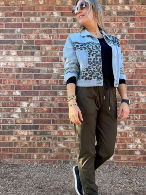 Patched Leopard It Girl Denim Jacket | Light Wash