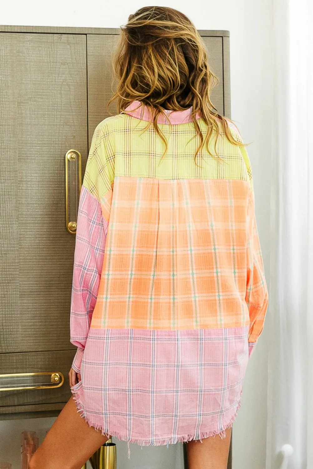 Plaid Color Block Raw Hem Shirt