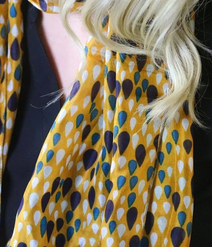 Pure Silk Scarf - Teal And Ochre Raindrop Print