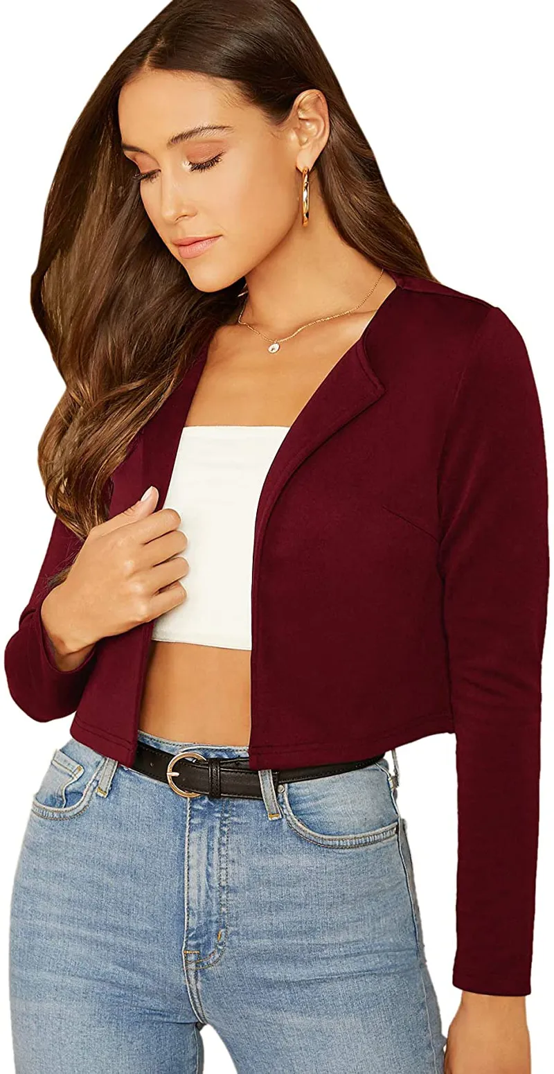 Romwe Women's Elegant Shawl Collar Crop Open Front Jacket Long Sleeve Work Office Blazer