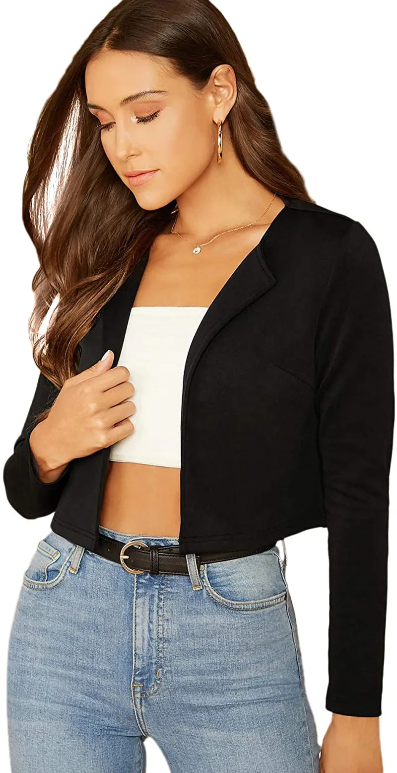 Romwe Women's Elegant Shawl Collar Crop Open Front Jacket Long Sleeve Work Office Blazer