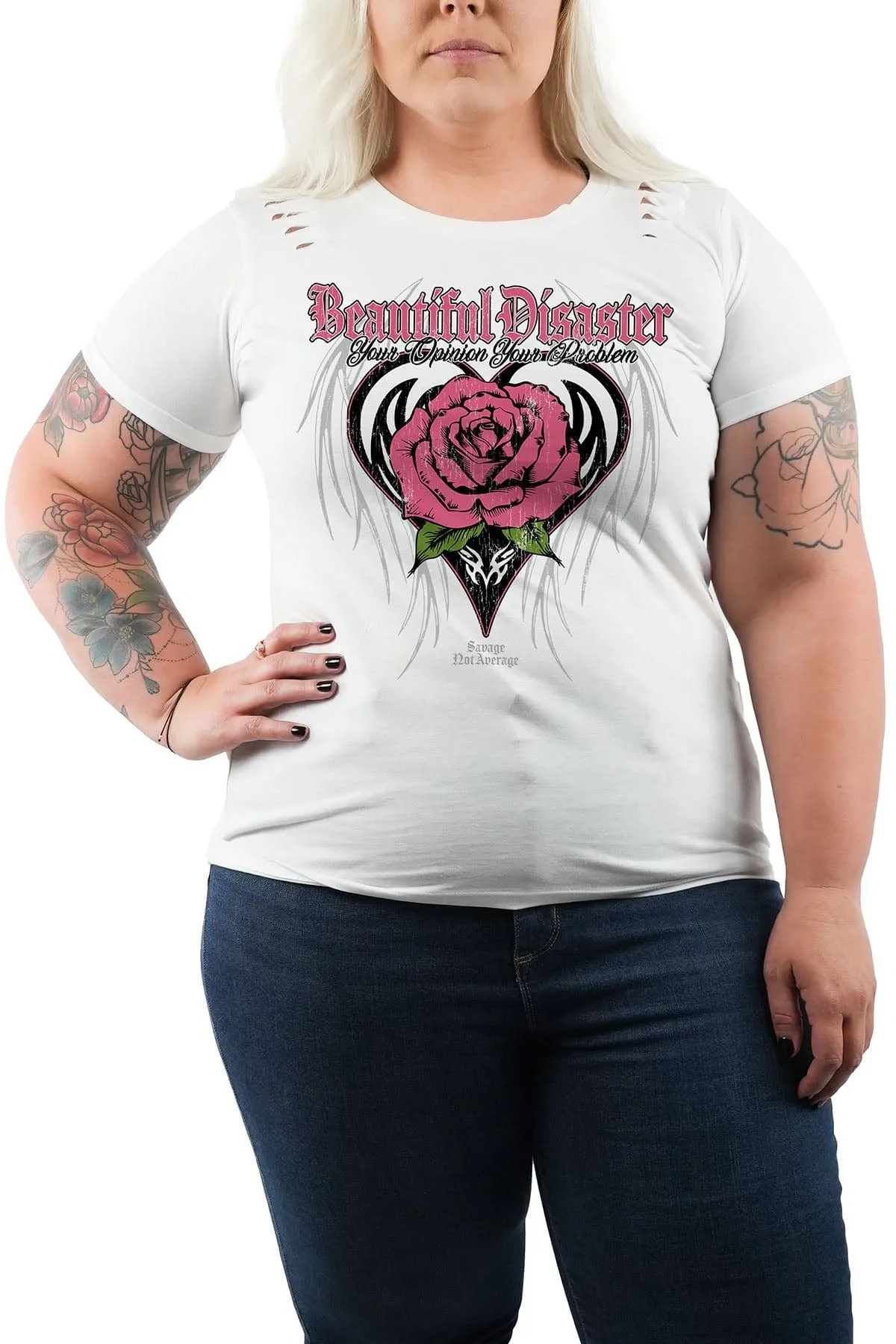 Savage Rose Slashed Shoulder Tee