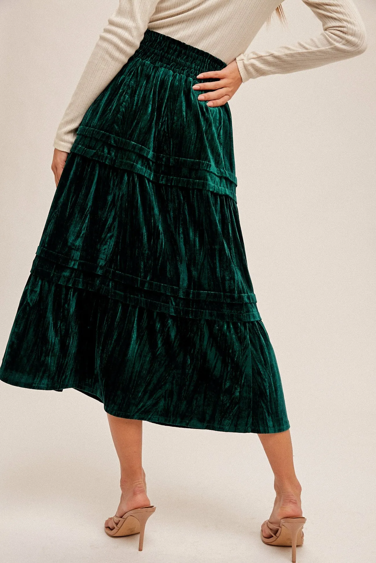 Sea Green Velvet Midi Skirts With Tuck Detail