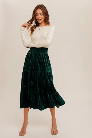 Sea Green Velvet Midi Skirts With Tuck Detail