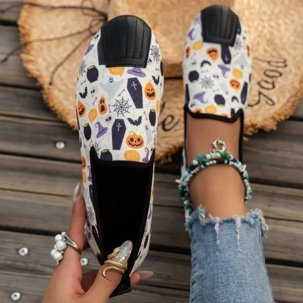 sealbeer - Halloween Cream White Casual Patchwork Printing Round Comfortable Flats Shoes