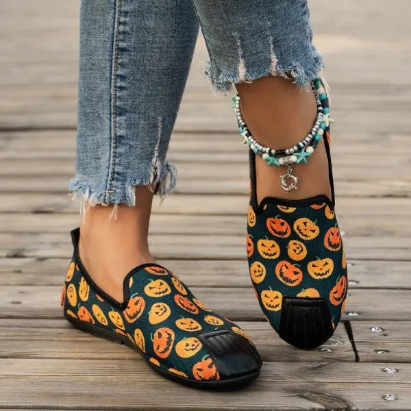 sealbeer - Halloween Cream White Casual Patchwork Printing Round Comfortable Flats Shoes