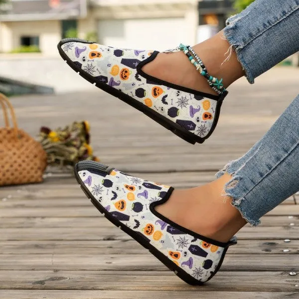 sealbeer - Halloween Cream White Casual Patchwork Printing Round Comfortable Flats Shoes