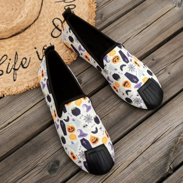 sealbeer - Halloween Cream White Casual Patchwork Printing Round Comfortable Flats Shoes