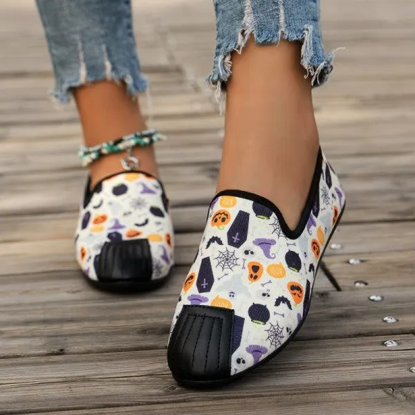 sealbeer - Halloween Cream White Casual Patchwork Printing Round Comfortable Flats Shoes