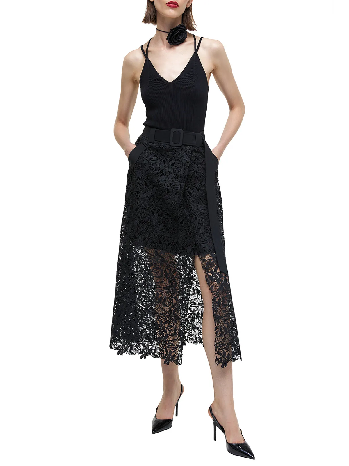 Semi Sheer Lace Midi Cargo Skirt