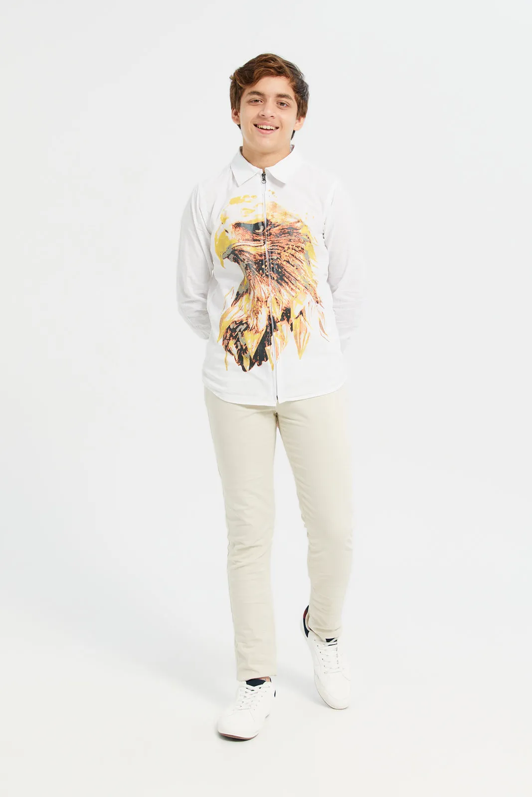 Senior Boys White Printed Zipper Shirt