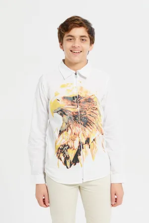 Senior Boys White Printed Zipper Shirt