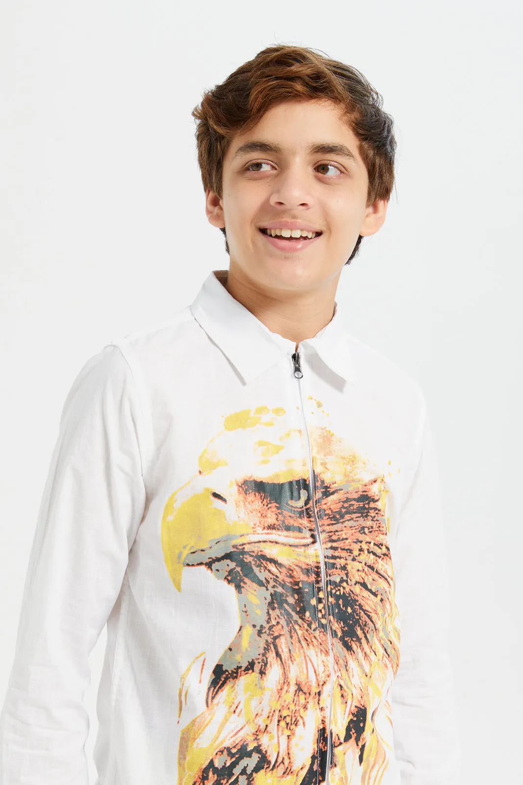 Senior Boys White Printed Zipper Shirt