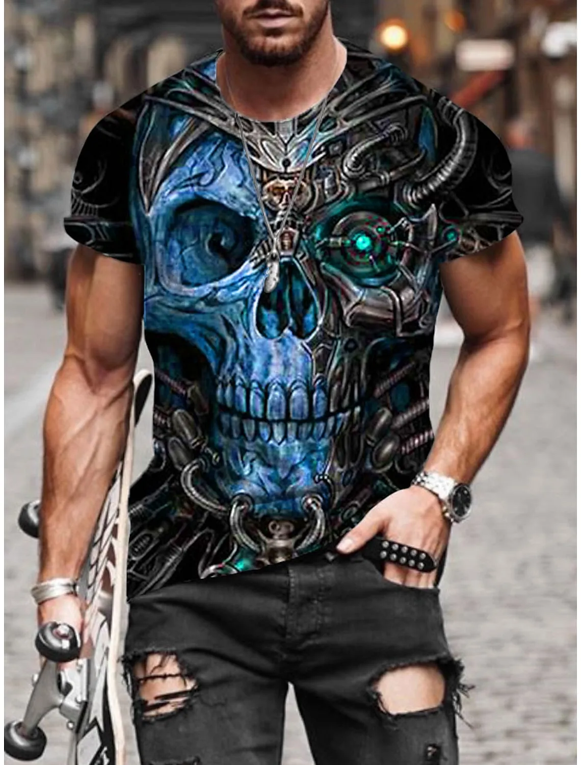 Skull Mens 3D Shirt For Halloween | Green Summer Cotton | Men'S Unisex Tee Graphic Prints Crew Neck Black Red Blue 3D Outdoor Street Short Sleeve