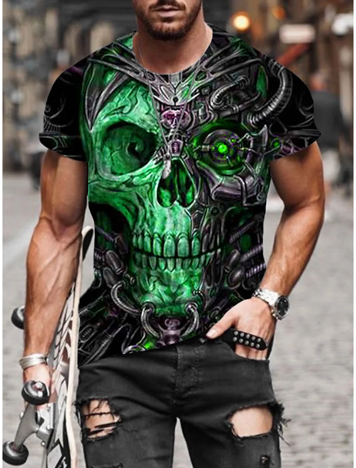 Skull Mens 3D Shirt For Halloween | Green Summer Cotton | Men'S Unisex Tee Graphic Prints Crew Neck Black Red Blue 3D Outdoor Street Short Sleeve