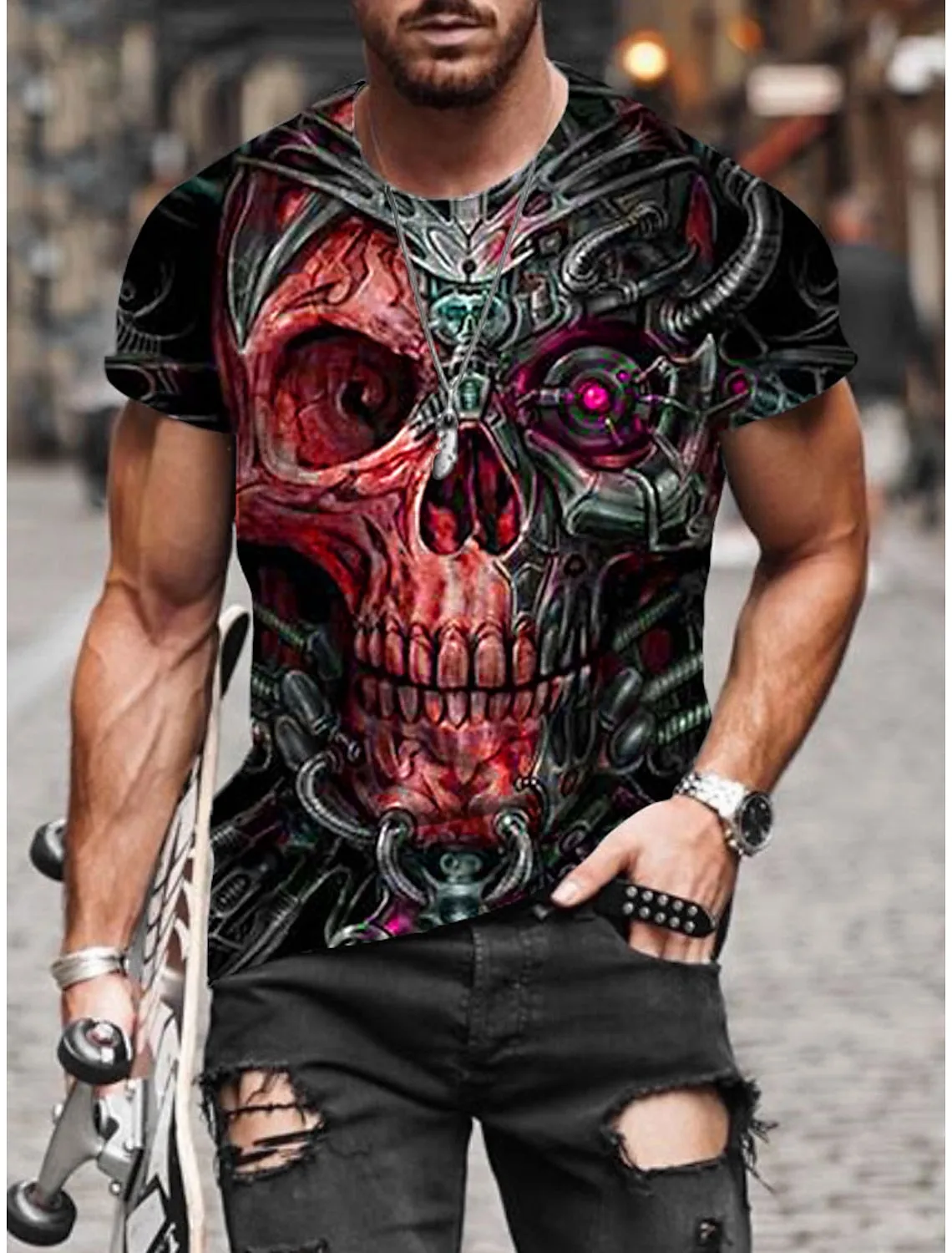 Skull Mens 3D Shirt For Halloween | Green Summer Cotton | Men'S Unisex Tee Graphic Prints Crew Neck Black Red Blue 3D Outdoor Street Short Sleeve