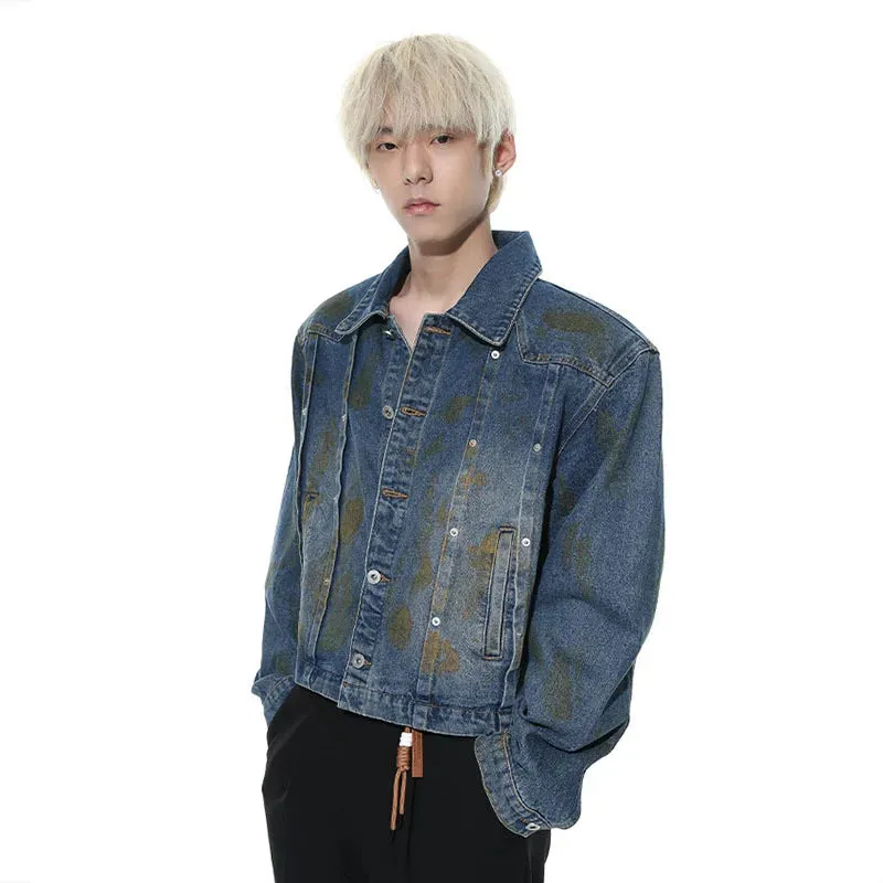 Sprig Denim Jackets High Street Made Old Washed Handsome Jacket American Trendy Shoulder Pad Turn-down Collar 9C5149