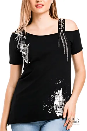 Tania One-Shoulder Studded Tee